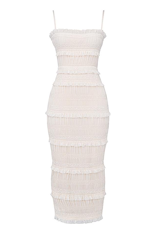 Smocked Ruffle Tier Spaghetti Strap Straight Neck Bodycon Midi Dress