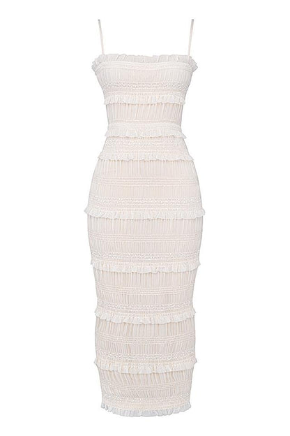 Smocked Ruffle Tier Spaghetti Strap Straight Neck Bodycon Midi Dress