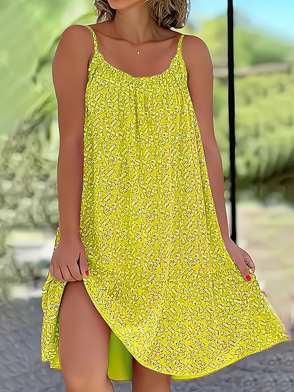 Spaghetti Strap Round Neck Ditsy Print Side Slit Flowy Midi Dress