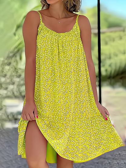 Spaghetti Strap Round Neck Ditsy Print Side Slit Flowy Midi Dress