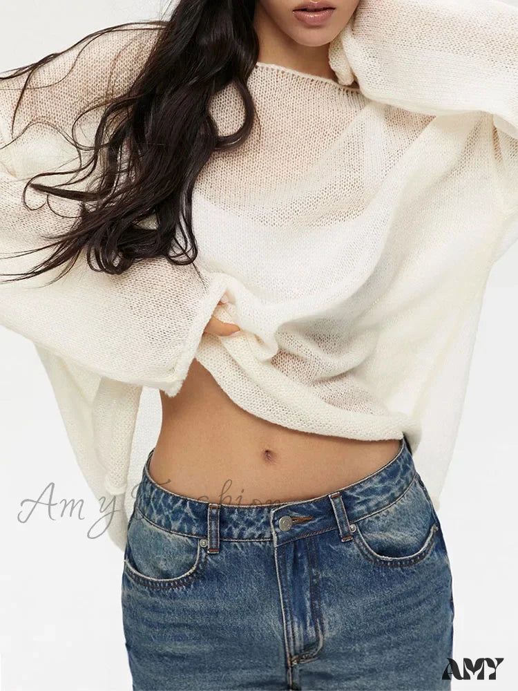 Oversize Thin Knitted Trumpet Long Sleeve Loose Transparent Summer Sweater