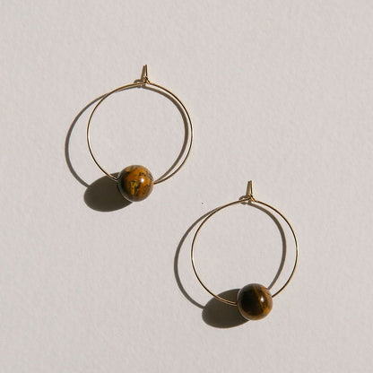 Oversized Tigers Eye Beaded Hoop Earrings with 18K Gold Plated Ring