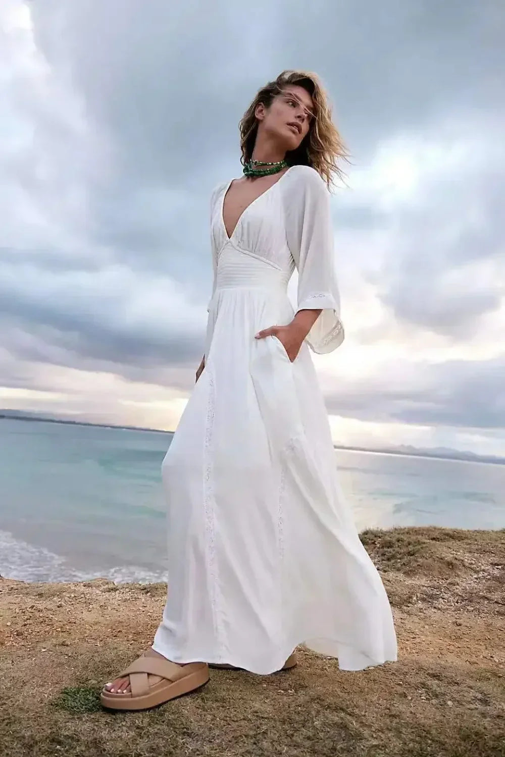 Oversized Backless Deep V Cotton Boho Dress