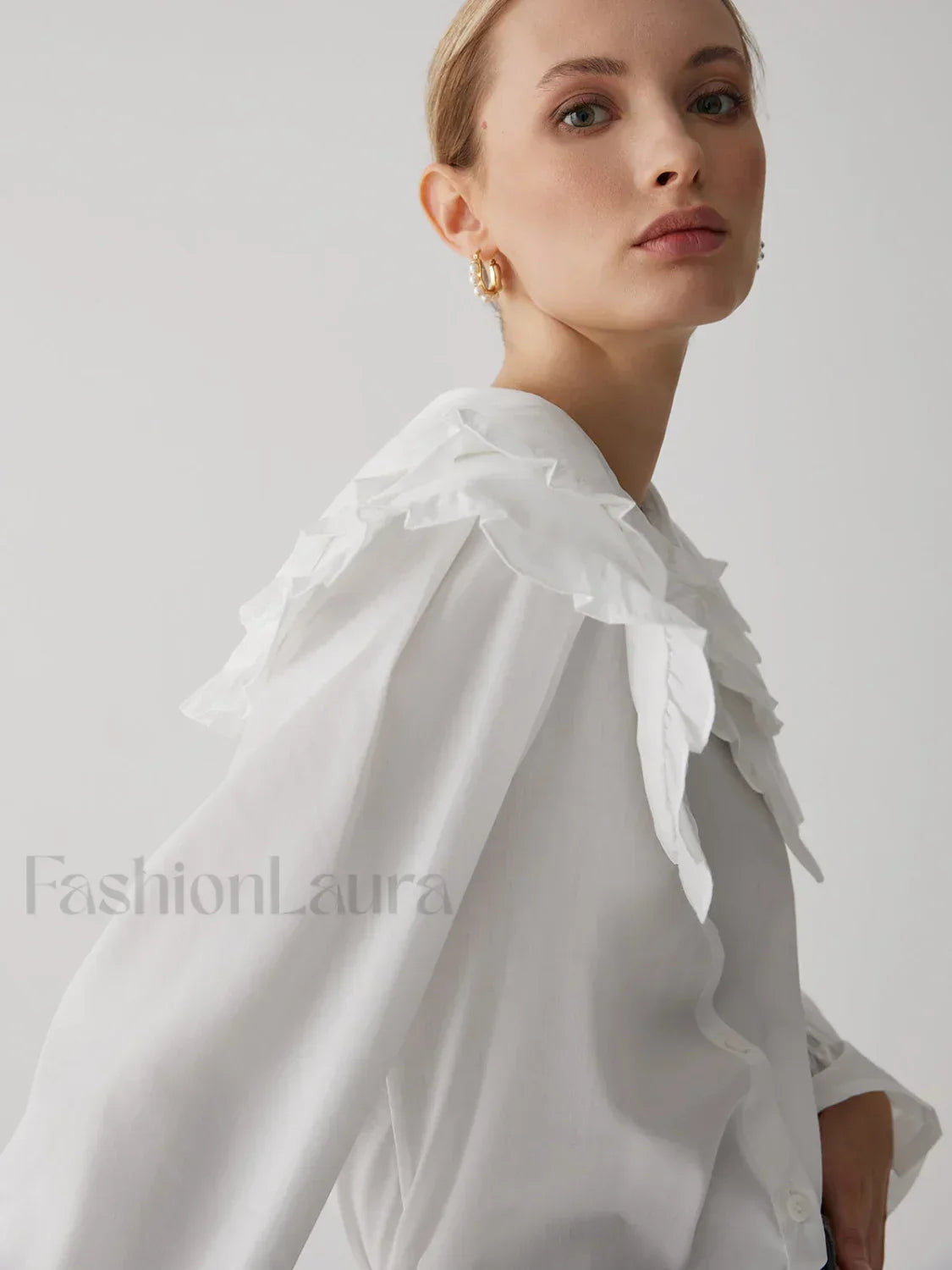 Oversized Lace Collar Trendy Button Ruffle Shirt