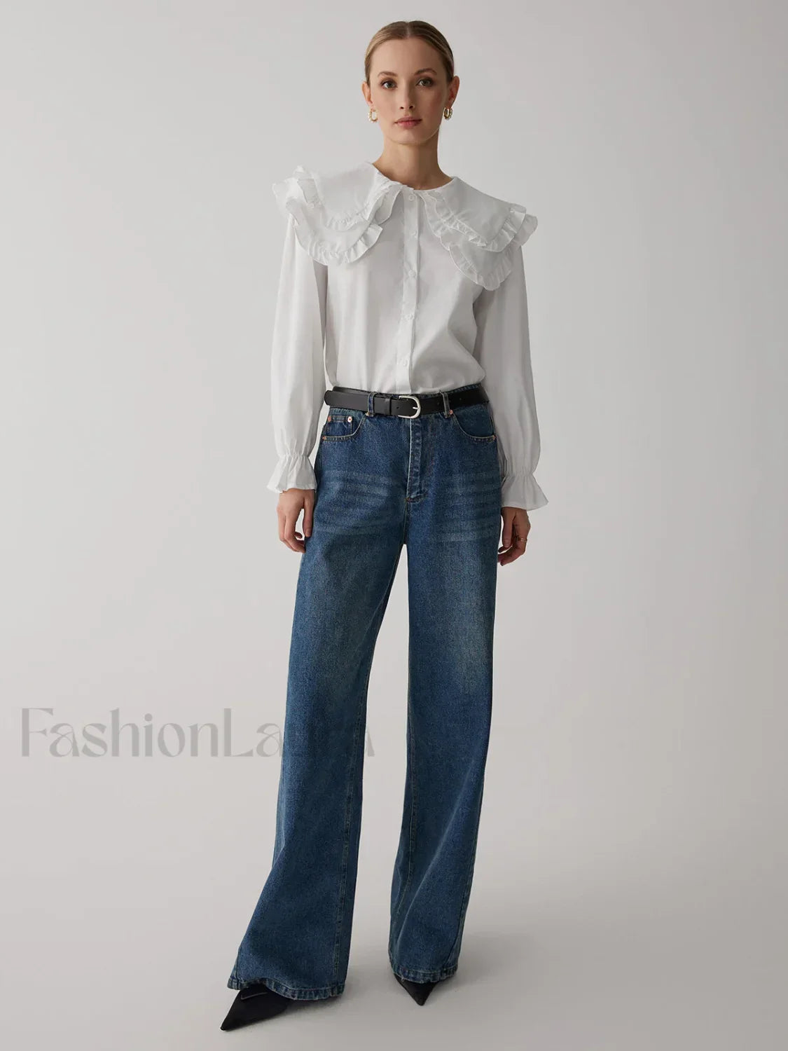 Oversized Lace Collar Trendy Button Ruffle Shirt