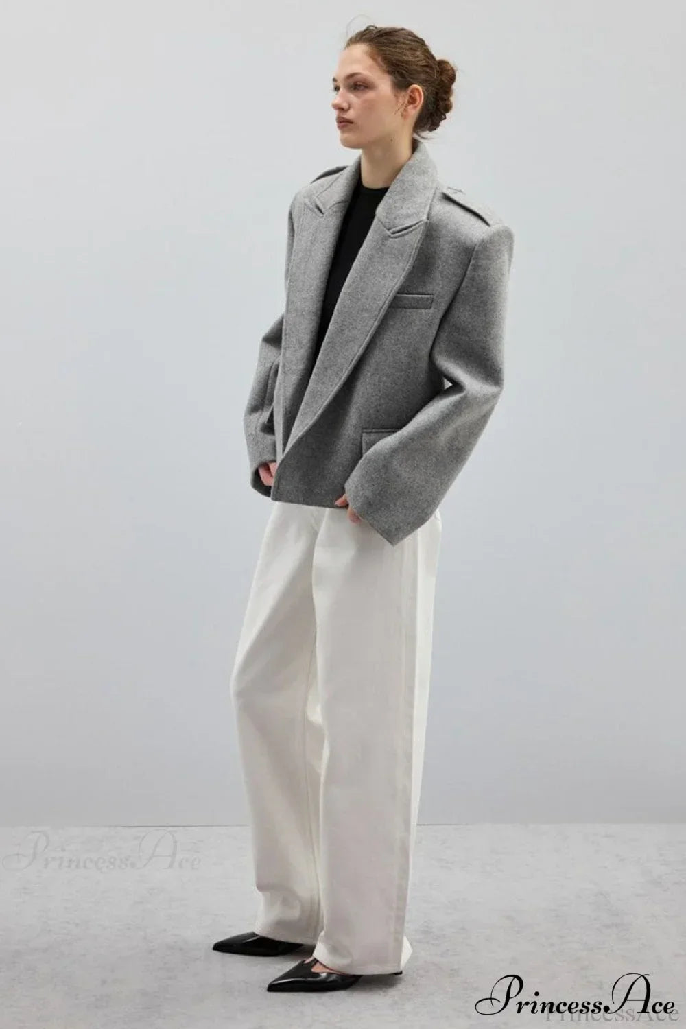Oversized Notch Lapel Epaulette Woolen Blazer