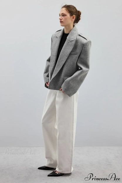 Oversized Notch Lapel Epaulette Woolen Blazer
