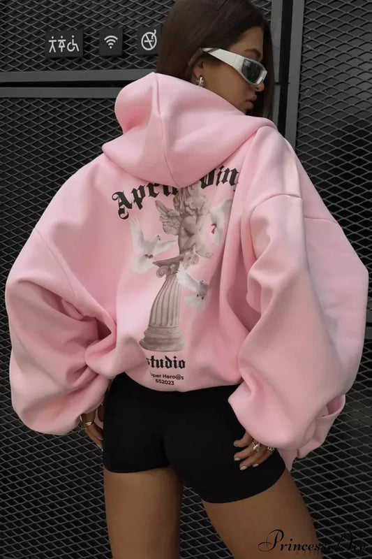 Oversized Street Casual Angel Print Zip-Up Hoodie