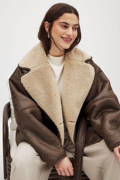 Faux Shearling Coat | Turn-Down Collar | Side Zip Closure