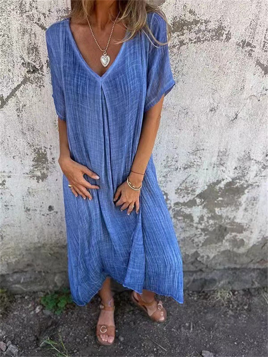 Linen Look Deep V-Neck Short Sleeve Relaxed Shift Maxi Dress