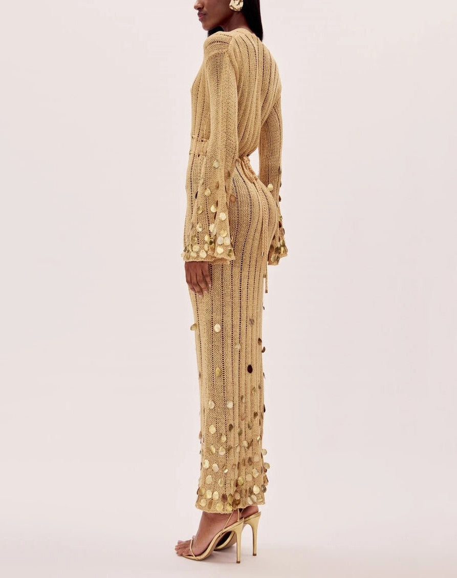 Deep V-Neck Open Knit Bell Sleeve Sequin Trim Maxi Dress