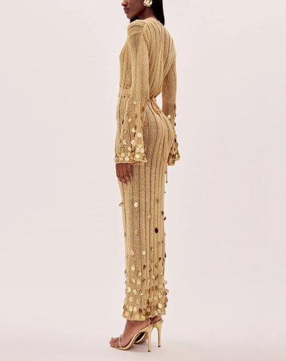 Deep V-Neck Open Knit Bell Sleeve Sequin Trim Maxi Dress