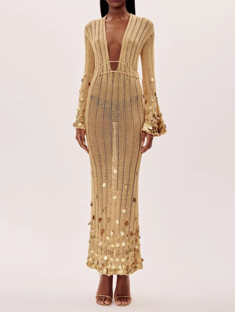 Deep V-Neck Open Knit Bell Sleeve Sequin Trim Maxi Dress