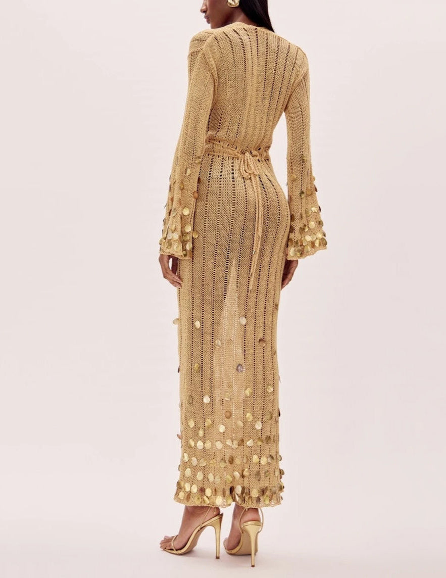 Deep V-Neck Open Knit Bell Sleeve Sequin Trim Maxi Dress