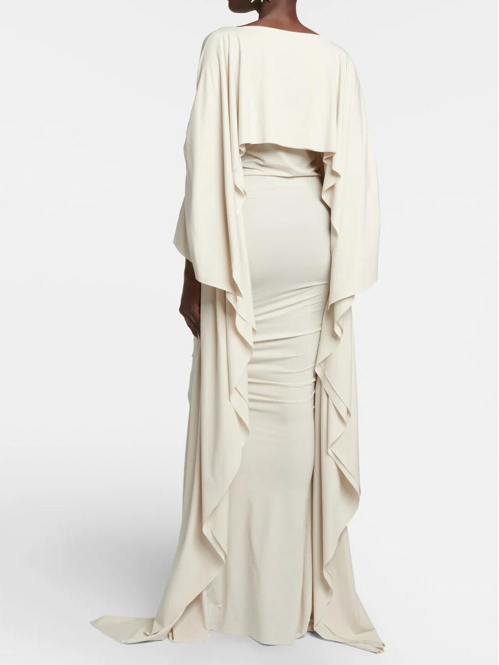 Round Neck Long Sleeve Ruched Cape Panel Draped Maxi Gown
