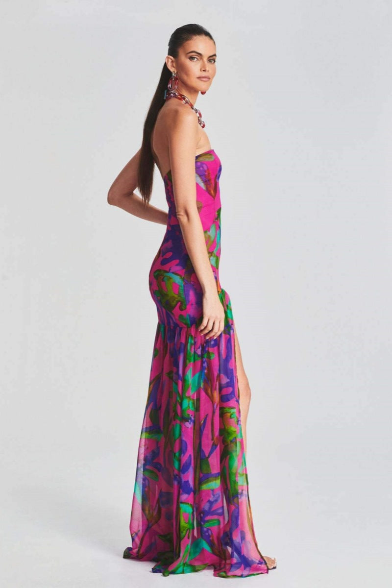 Tropical Print Strapless Tube High Slit Flowy Maxi Dress