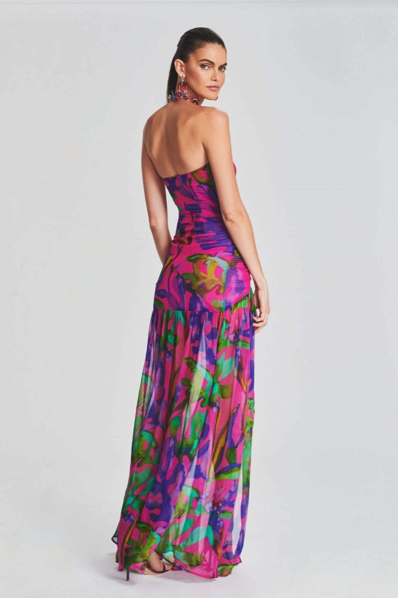 Tropical Print Strapless Tube High Slit Flowy Maxi Dress