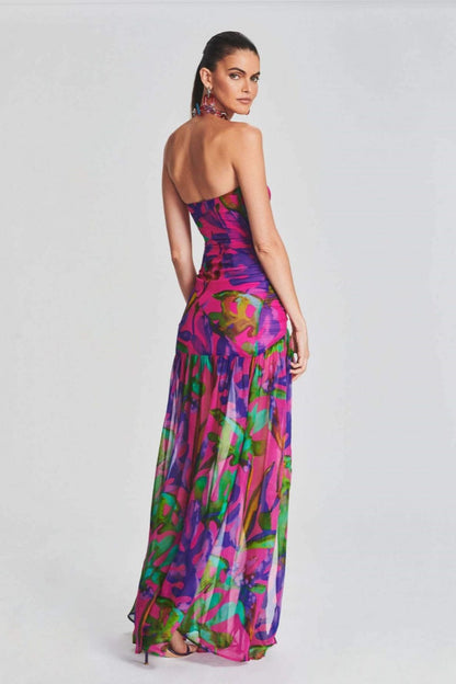 Tropical Print Strapless Tube High Slit Flowy Maxi Dress