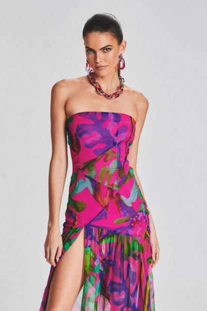 Tropical Print Strapless Tube High Slit Flowy Maxi Dress