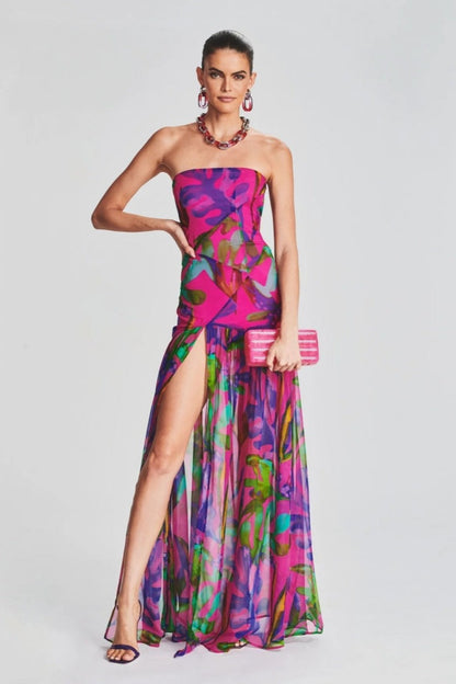 Tropical Print Strapless Tube High Slit Flowy Maxi Dress