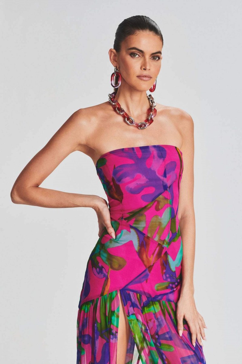 Tropical Print Strapless Tube High Slit Flowy Maxi Dress