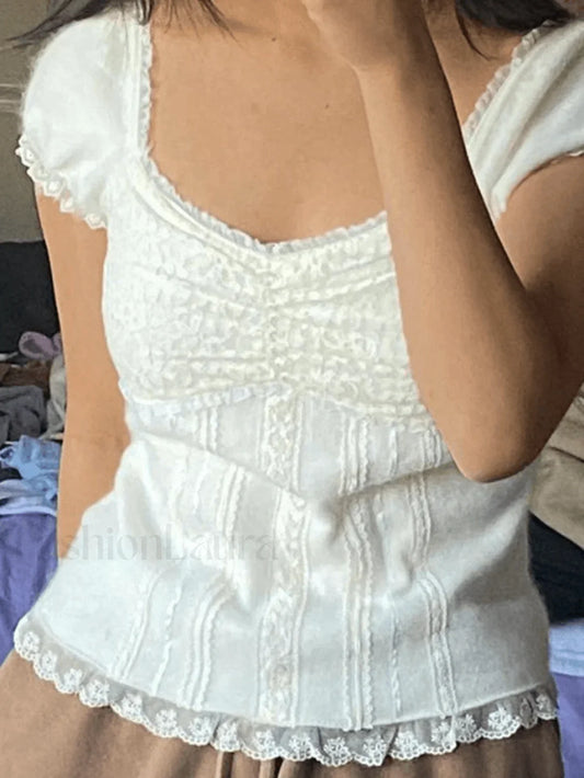 Paneled Lace White Puff Sleeve Blouse