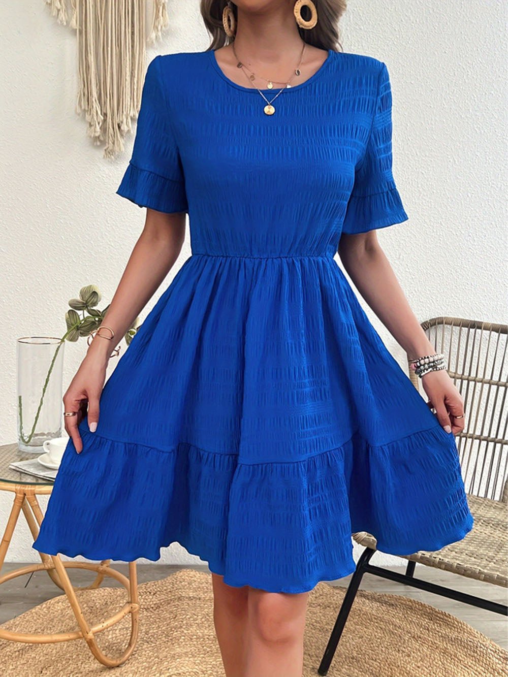 Textured Flutter Sleeve Tiered Ruffle Hem Fit and Flare Mini Dress