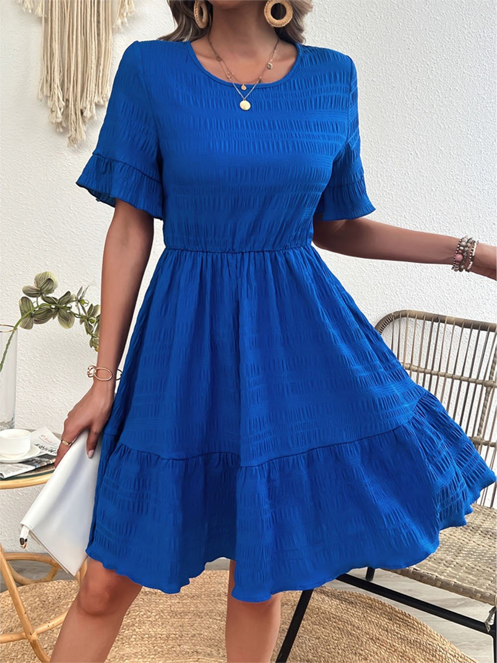 Textured Flutter Sleeve Tiered Ruffle Hem Fit and Flare Mini Dress