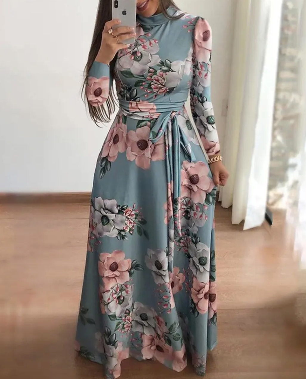 Mock Neck Floral Print Tie Waist Long Sleeve Maxi Dress