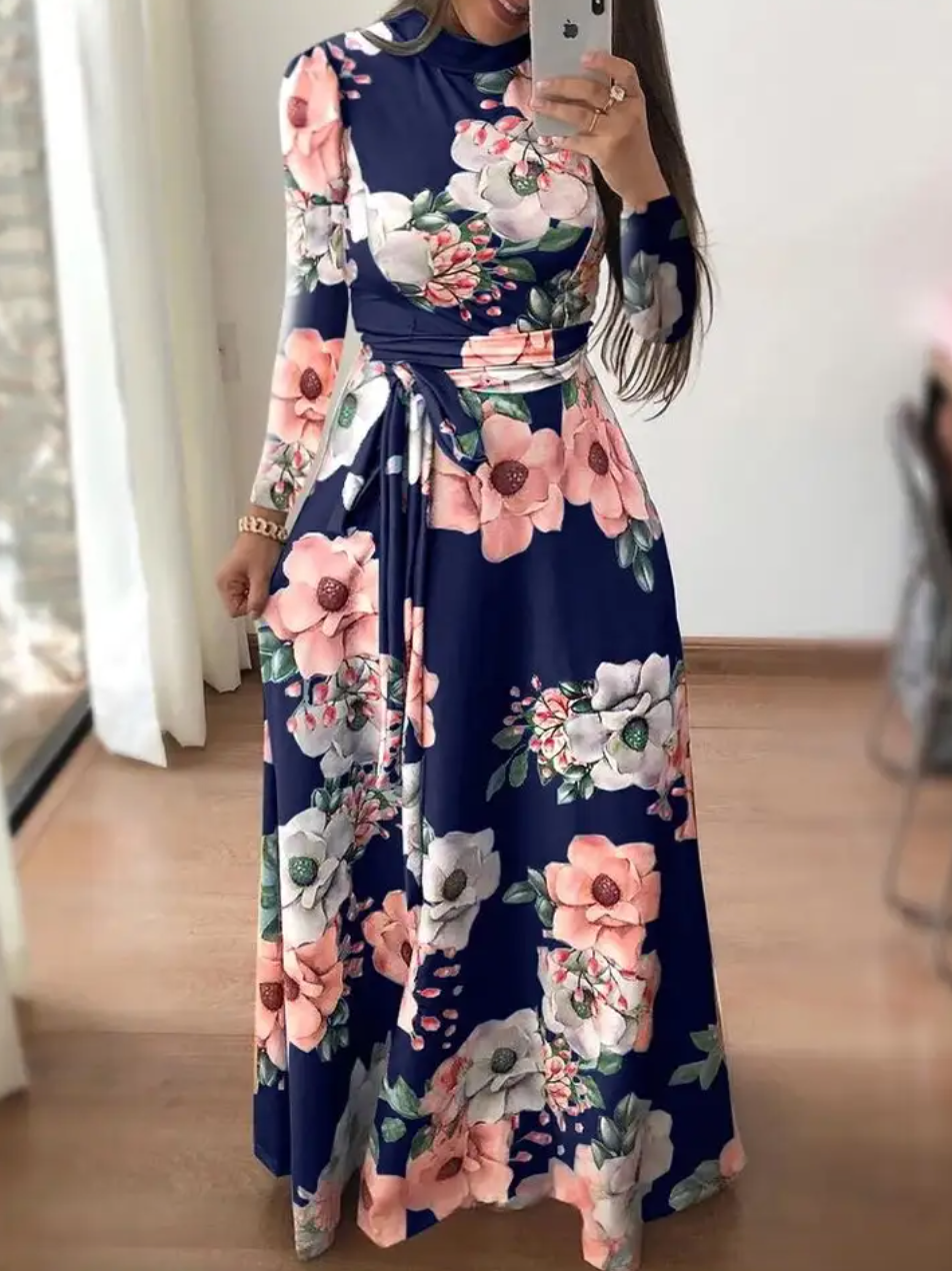 Mock Neck Floral Print Tie Waist Long Sleeve Maxi Dress