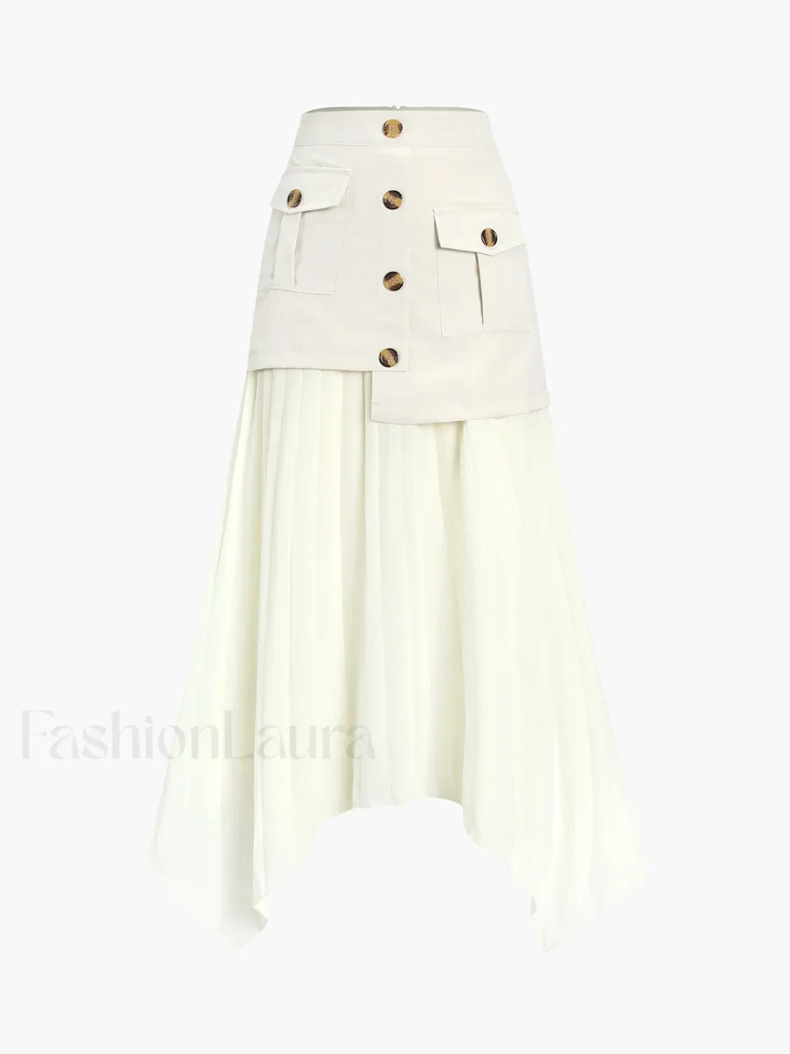 Patchwork Asymmetrical Pleated Buttoned Midi Skirt