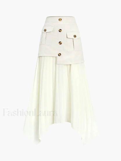 Patchwork Asymmetrical Pleated Buttoned Midi Skirt