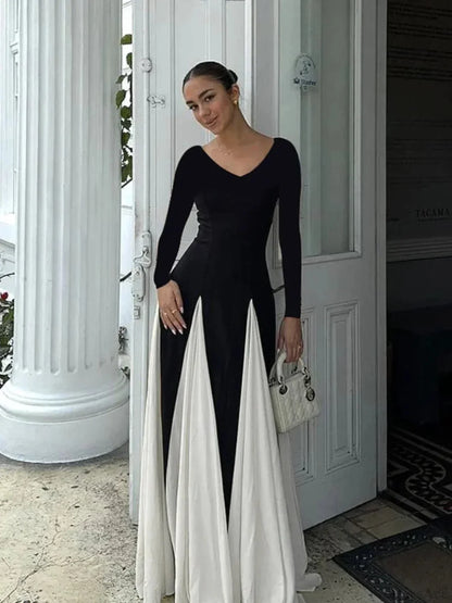 Patchwork Border Long Sleeve Full-Length Dress