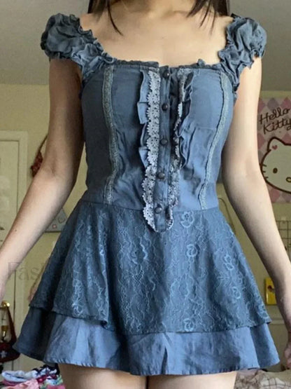 Patchwork Lace Tiered Strap Mini Dress