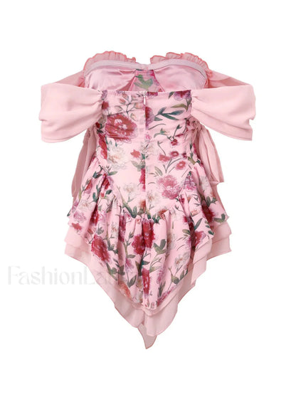 Patchwork Ruffle Bardot Floral Mini Dress