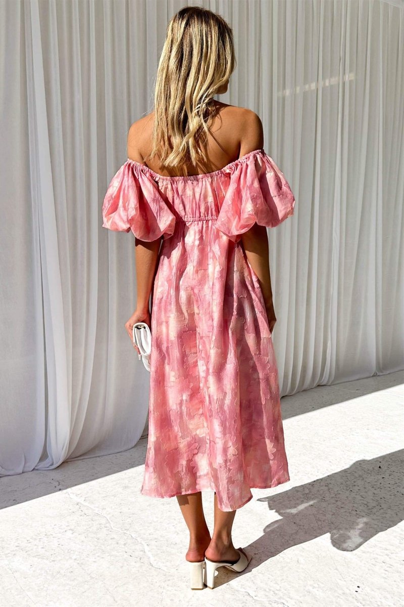Off Shoulder Puff Sleeve Ruched Bust Floral Jacquard A-Line Midi Dress