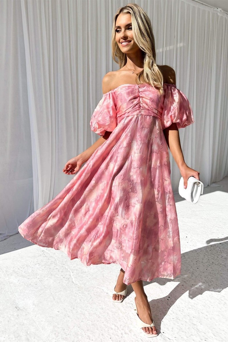 Off Shoulder Puff Sleeve Ruched Bust Floral Jacquard A-Line Midi Dress