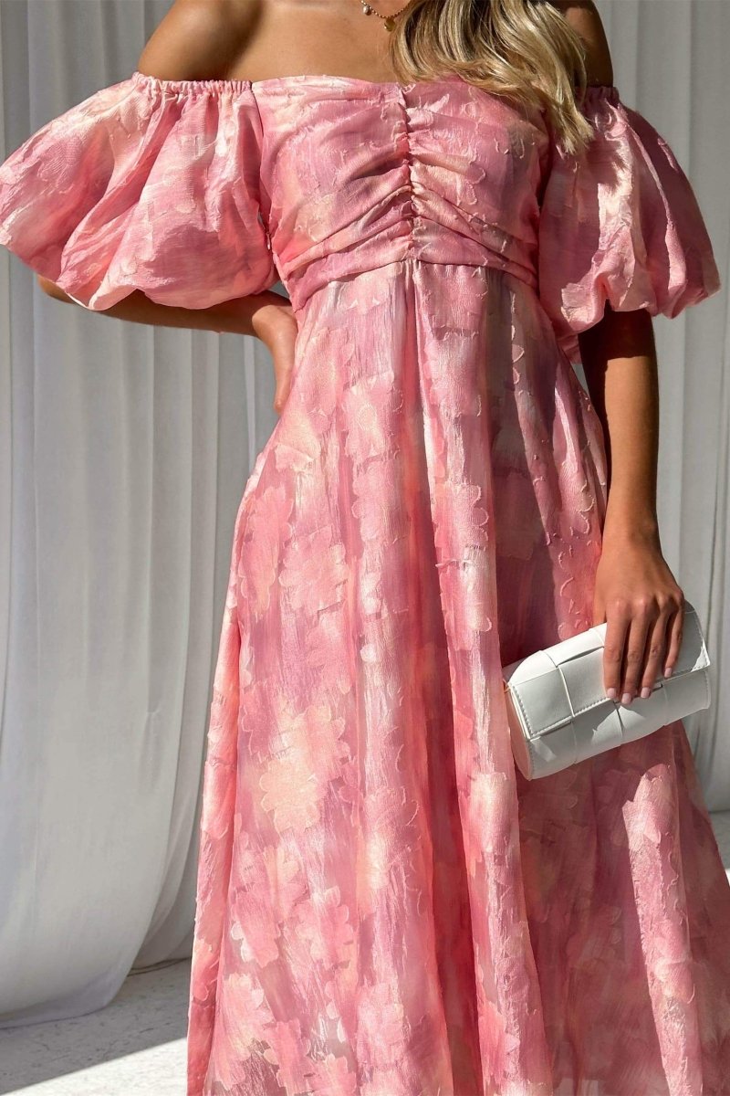 Off Shoulder Puff Sleeve Ruched Bust Floral Jacquard A-Line Midi Dress