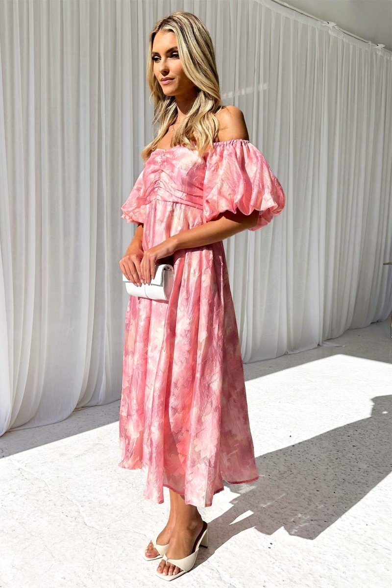 Off Shoulder Puff Sleeve Ruched Bust Floral Jacquard A-Line Midi Dress