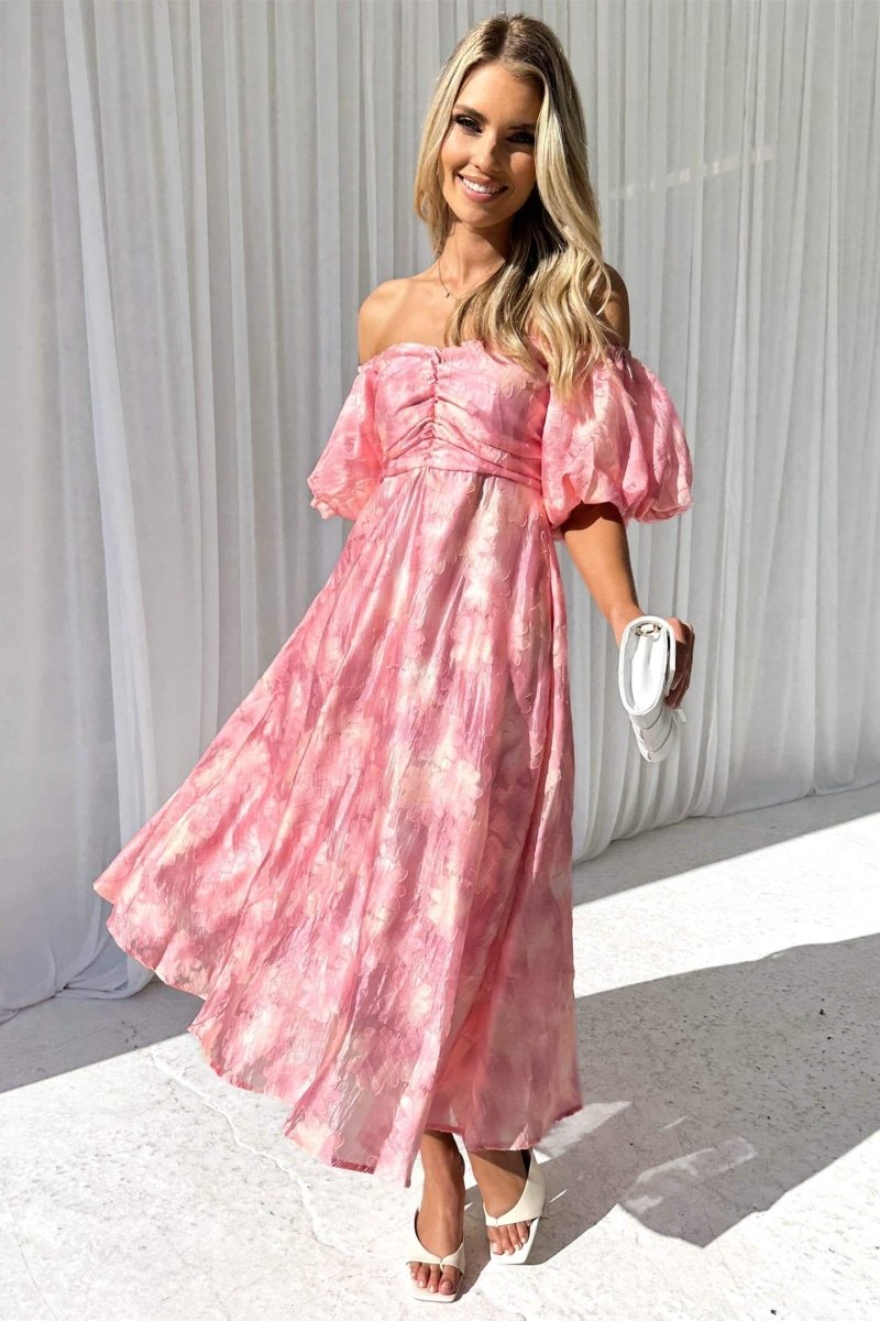 Off Shoulder Puff Sleeve Ruched Bust Floral Jacquard A-Line Midi Dress