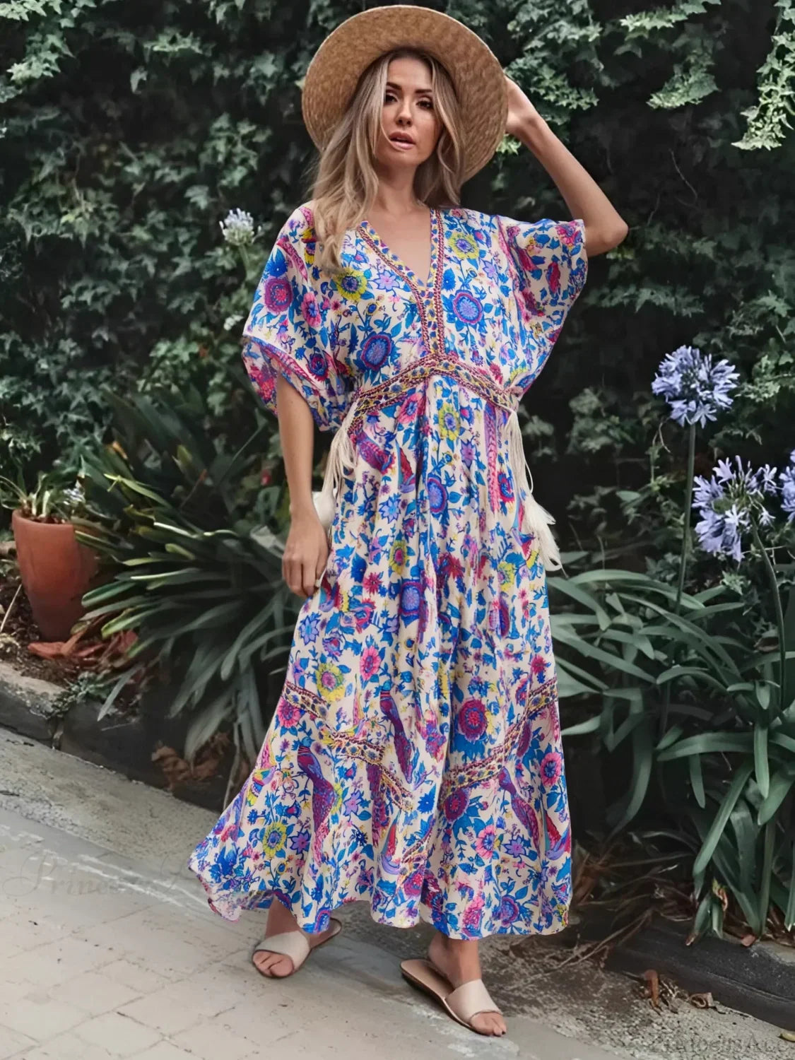 Peacock Floral Print V-neck Tassel Rayon Vacation Boho Dress