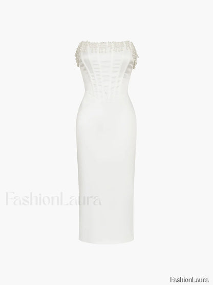 Pearl Decor Graceful Strapless Midi Dress