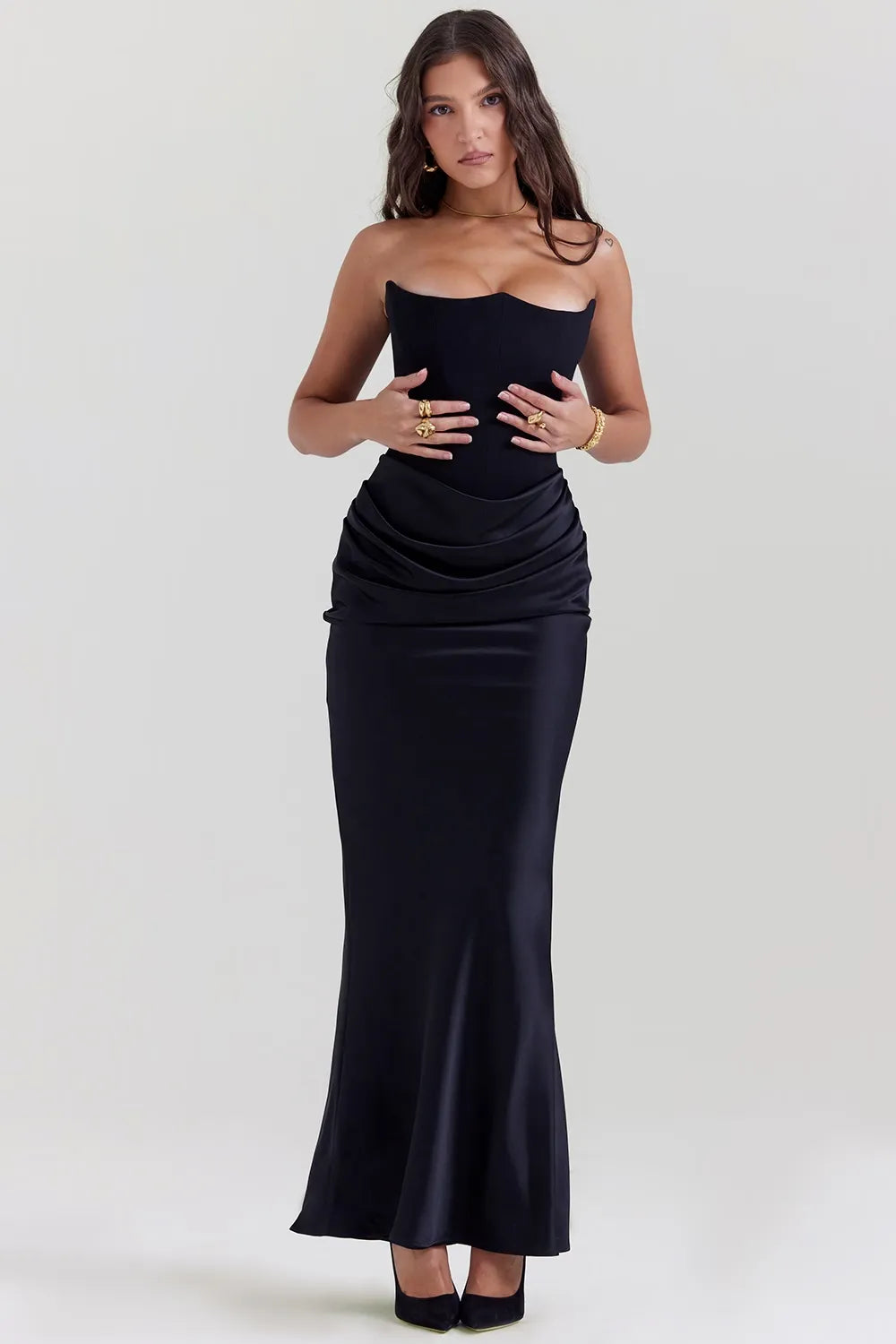 Strapless Pointed Sweetheart Corset Ruched Waist Column Maxi Gown