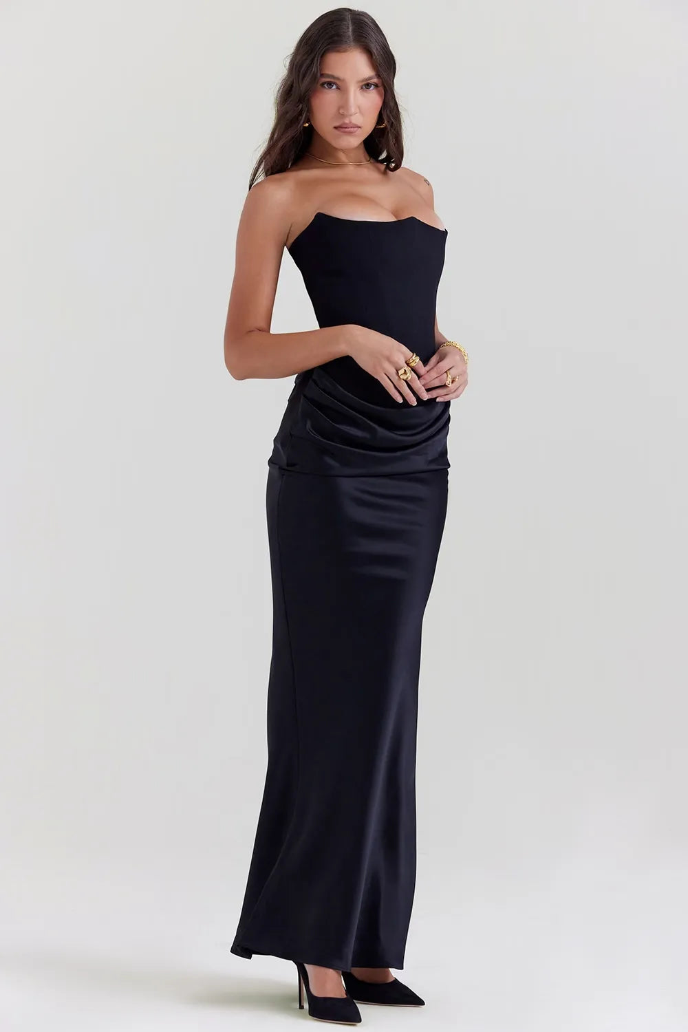 Strapless Pointed Sweetheart Corset Ruched Waist Column Maxi Gown