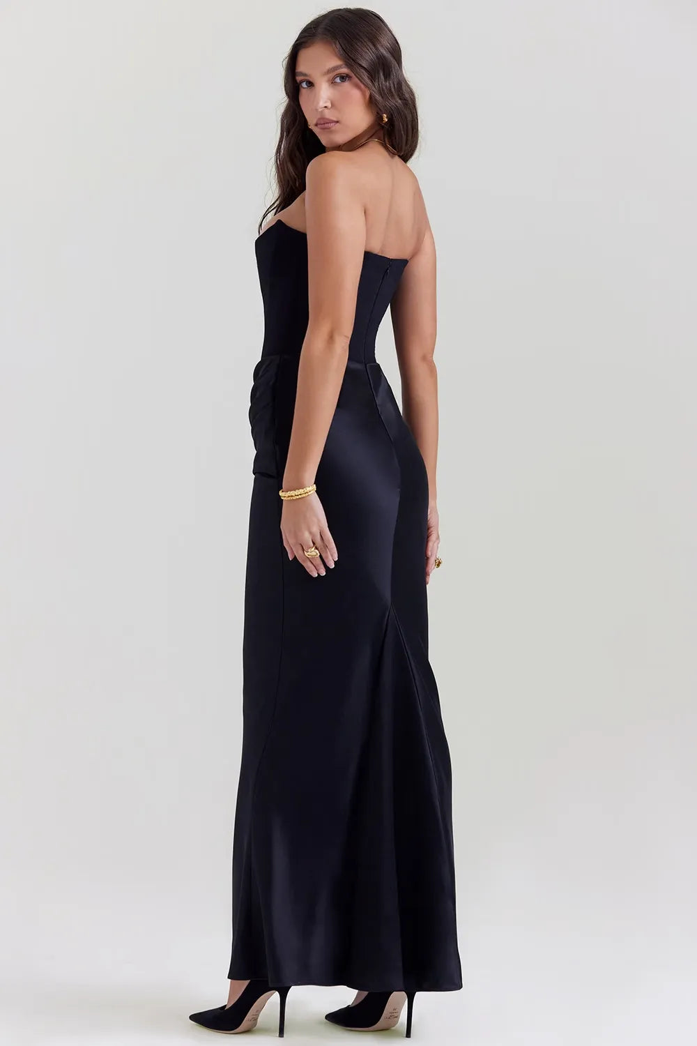 Strapless Corset Bustier Draped Ruched Waist Satin Column Maxi Gown
