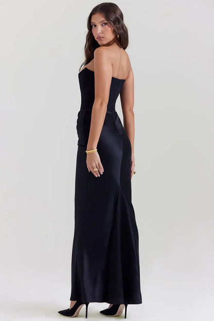 Strapless Corset Bustier Draped Ruched Waist Satin Column Maxi Gown