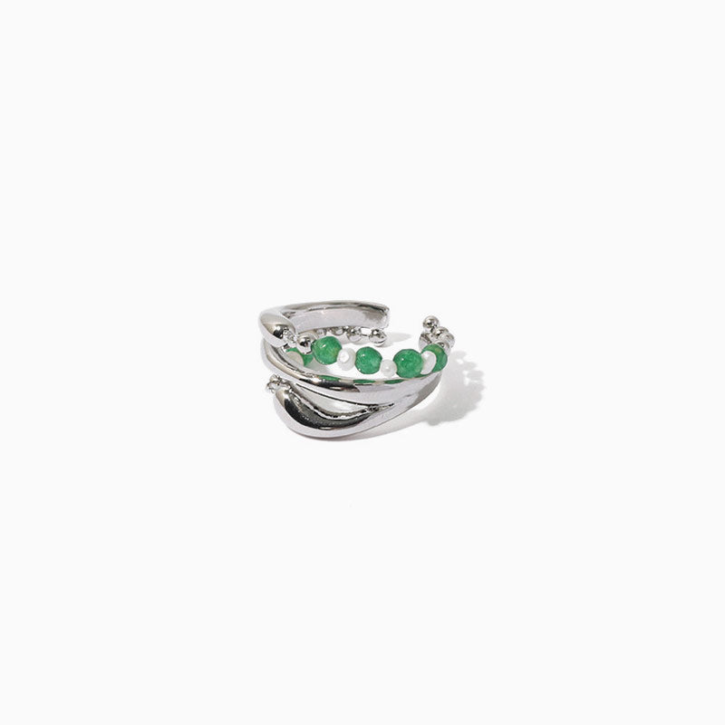 Pearl Gemstone Beaded Silver Layered Cuff Ring