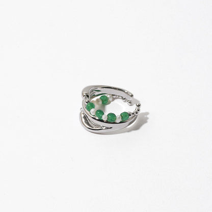 Pearl Gemstone Beaded Silver Layered Cuff Ring