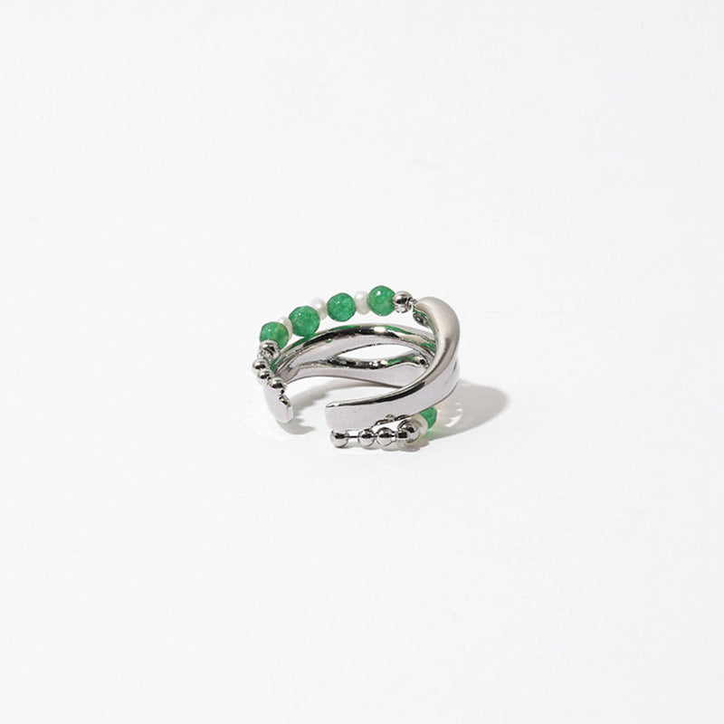Pearl Gemstone Beaded Silver Layered Cuff Ring