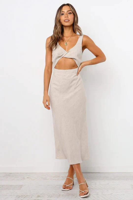 Deep V Neck Twist Front Waist Cutout Textured Woven Midi Dress
